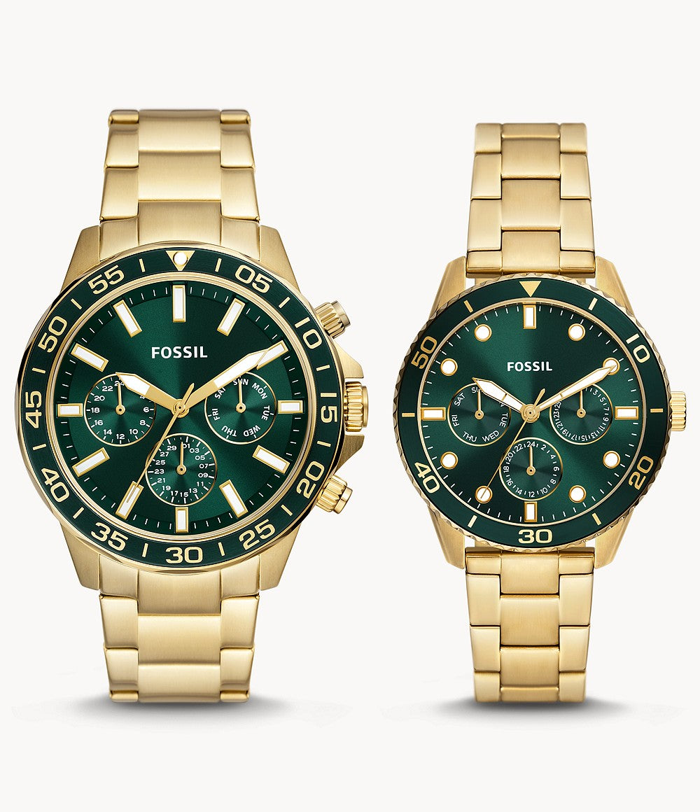 Fossil BQ2754SET His and Hers Multifunction Gold-Tone Stainless Steel Watch Fossil BQ2754SET His and Hers Multifunction Gold-Tone Stainless Steel Watch
